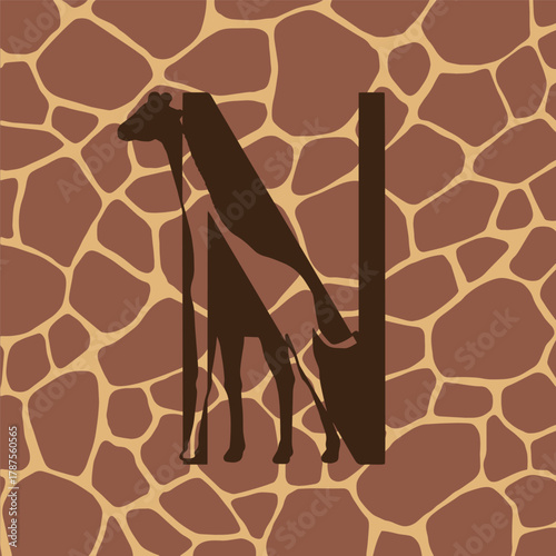 Giraffe silhouette family monogram. Letter N on white background