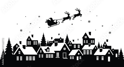 Silhouette of santa claus flying his reindeer sleigh over a snowy village at night with falling snowflakes