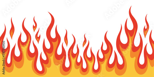 A fire with orange flames is shown as seamless border n a transparent background. The fire is very large and has a lot of flames
