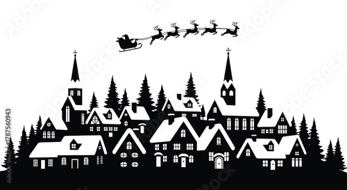 Silhouette of a quaint village at night with santa claus flying his reindeer sleigh overhead