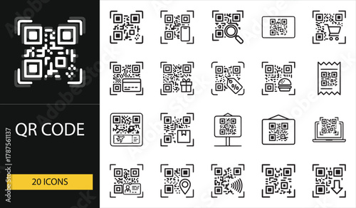 QR code icon set with payment, scan, and data access symbols. Perfect for digital marketing, mobile apps, e-commerce, and smart tech visuals