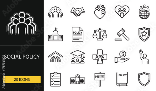 Social policy icons showing government, community, and justice symbols. Ideal for civic, law, equality, and education visuals.