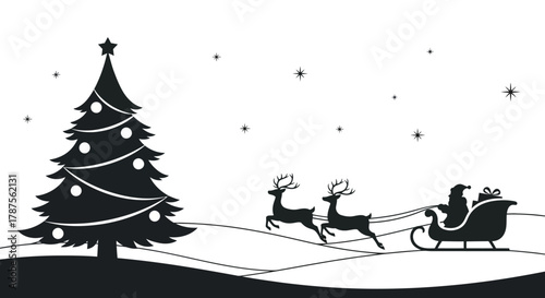 Silhouette of santa claus and reindeer flying in a sleigh past a decorated christmas tree on a snowy night