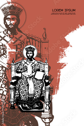 Religious vintage poster template with the Jesus Christ the greatest Bishop sitting on the throne. Christian illustration in Byzantine style