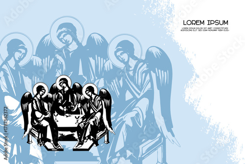 Religious vintage poster template with Trinitian, Holy trinity. Christian illustration in Byzantine style