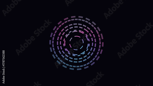 A high-tech abstract circle composed of multiple dashed rings glows with a captivating pink-to-blue gradient against a dark background