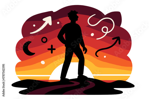 Sunset Silhouette Scene. Silhouette in sunset. A lone figure stands on a ridge as the sun melts into bands; ?Golden hour? curls across the horizon. Long