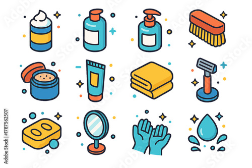 Men's Skincare Icons. Men?s skincare hygiene. Colorful isometric vector icons set of Men?s skincare hygiene: shaving cream, aftershave balm, face cleanser,
