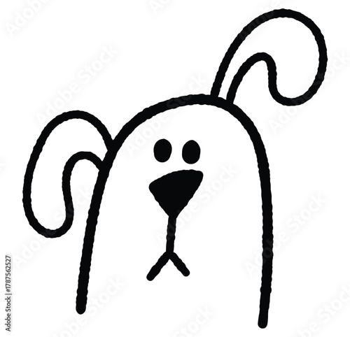 A black and white drawing of a dog with a black nose and a black mouth. The dog has a look of surprise on its face