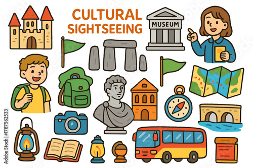 Cultural Sightseeing Adventure. cultural sightseeing. Colorful Hand-drawn doodle Children illustration cultural sightseeing castle, museum, ancient monument,