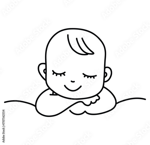 A baby is sleeping with his eyes closed. The baby is smiling and he is very happy