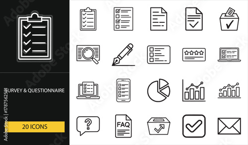 Survey and questionnaire icons with checklist, rating, and feedback forms. Perfect for UX, data research, and marketing visuals.