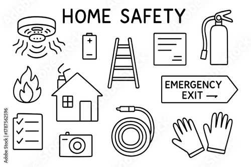 Home Safety Doodle. Home Safety. Hand-drawn doodle illustration Home Safety smoke detector, ceiling, alarm sound, battery, fire extinguisher, ladder, test