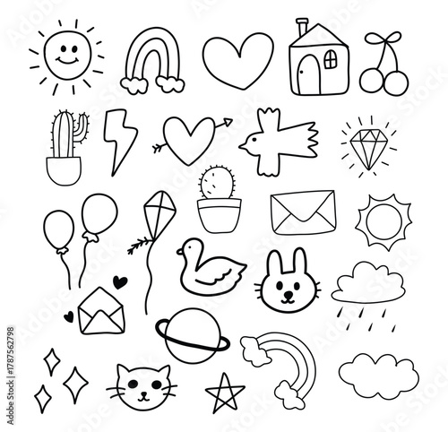 A collection of cartoon drawings including a heart, a bird, a kite, a sun, a house, a diamond, a crescent moon and more