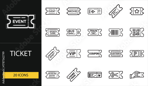 Ticket icon set with event, movie, and transportation passes. Ideal for travel, entertainment, and online booking visuals.