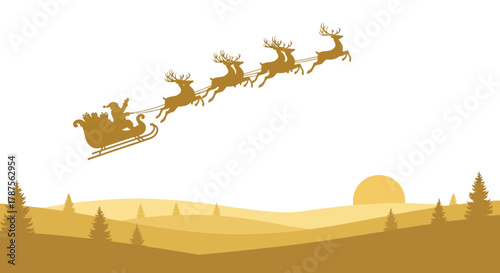 Golden silhouette of santa claus and reindeer flying over a snowy landscape at dusk