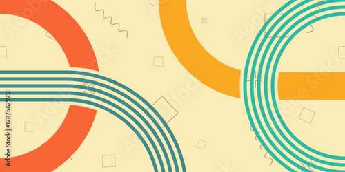 Retro abstract background with interlocking geometric shapes and colorful lines