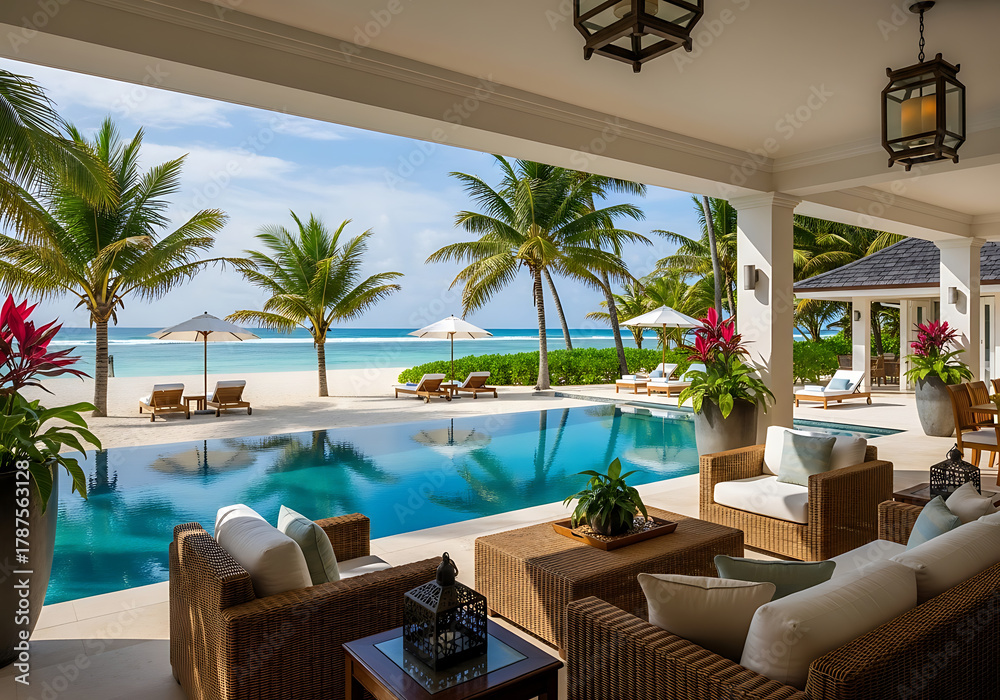 Obraz premium Luxurious outdoor patio with infinity pool overlooking a pristine white sand beach, tropical palm trees, and turquoise ocean.