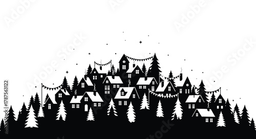 Charming silhouette of a festive winter village nestled amongst snow covered pine trees with decorative bunting