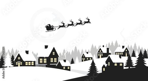 Santa claus flying in his sleigh over a snowy village under a large full moon