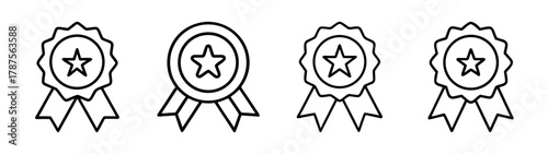 Achievement award badge line icon set with quality star symbol