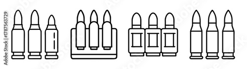 Bullet and cartridge line art icons set, ammunition symbols.