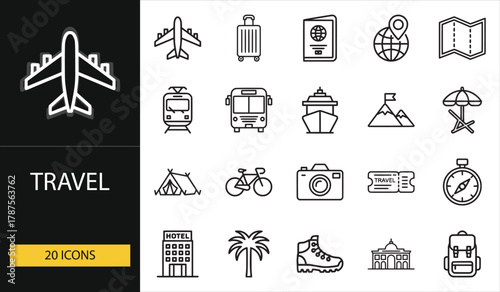 Travel icon set with airplane, suitcase, map, and hotel symbols. Perfect for tourism, adventure, and vacation design projects