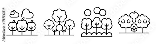 Line art tree and plant icon set depicting nature and gardening