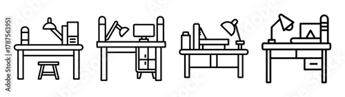 Line art icons of various office and study desks with equipment