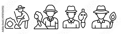Archaeology, excavation, and discovery outline vector icon set