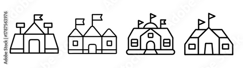 Collection of outlined carnival tents and market stall icons
