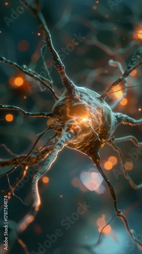 3D of a neuron with the nucleus lit up in bright yellow and orange hues. The depicts the structure and energy within neurons.