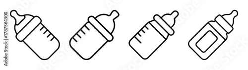 Baby bottle line art icons set, infant feeding and childcare