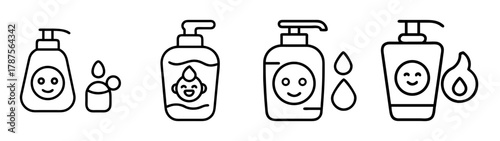 Baby care products, shampoo, soap, lotion line icon set for hygiene