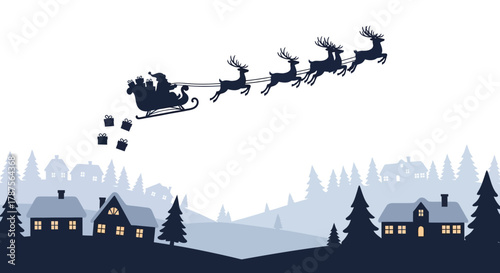 Santa claus and reindeer silhouette flying over a snowy village at christmas time