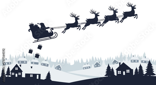 Silhouette of santa claus in his sleigh pulled by reindeer flying over a snowy village at night