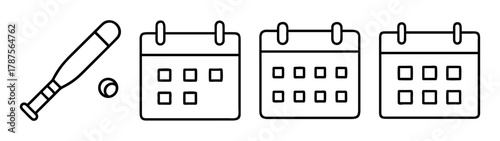 Baseball bat, ball, and calendar icons for sports scheduling concept.