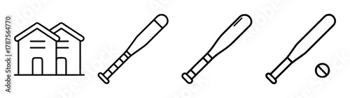 Home and baseball icons line art set. residential building and sports equipment outlines.