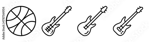 Minimalist line art icons of basketball and electric guitars