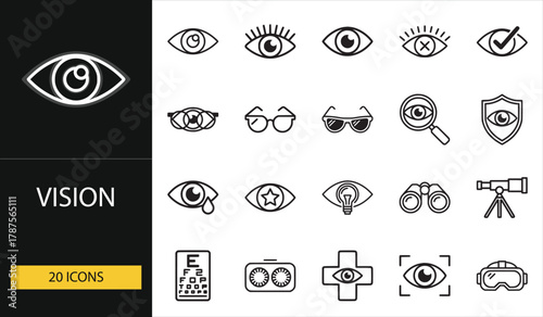 Vision icon set with eyes, glasses, and optometry symbols. Perfect for ophthalmology, healthcare, and optical product visuals