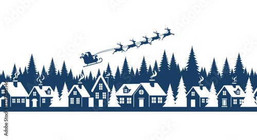Santa claus flying in his sleigh with reindeer over a snowy village and pine forest at night