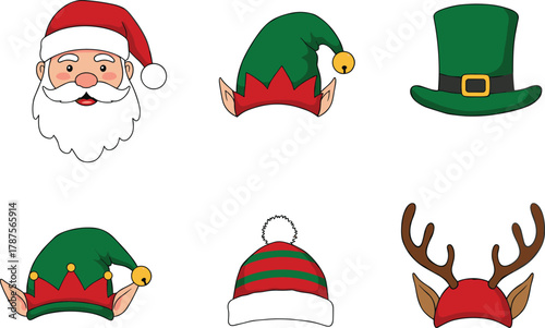 Cartoon festive hats with Santa, elf, reindeer antlers and holiday accessories, colorful Christmas headwear vector for seasonal costume design