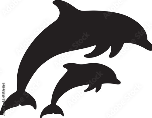  Silhouette of a dolphin and baby dolphin jumping together isolated on white background
