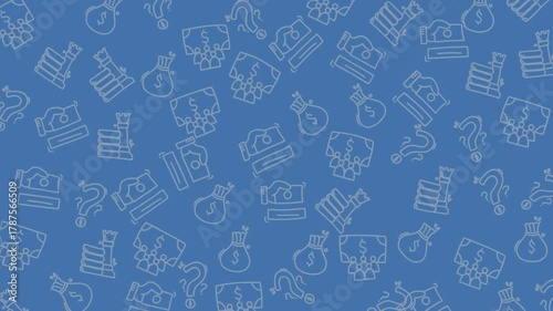 Pattern of money and financial icons on blue is perfect for finance websites, business presentations, stock market reports, and banking materials.