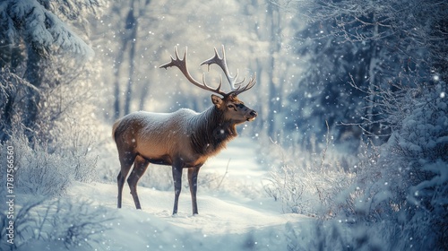 Majestic deer in snowy winter forest