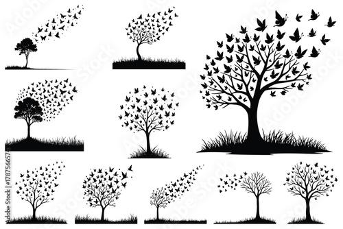 Black silhouette trees with butterflies and birds flying