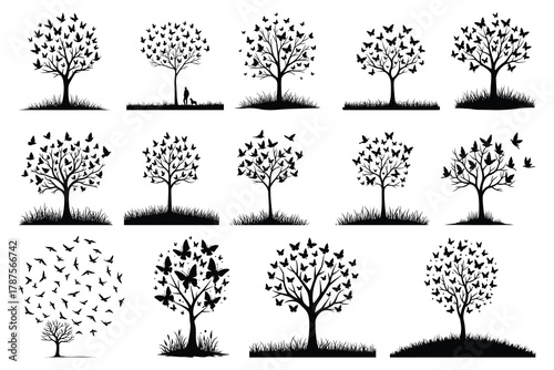 Black silhouette trees with butterflies and birds white