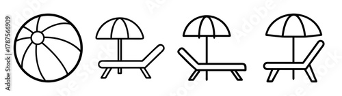 Beach ball, lounge chair, umbrella summer vacation icon set