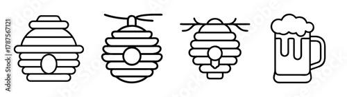 Honey bee hive and refreshing cold beer mug line art icon set