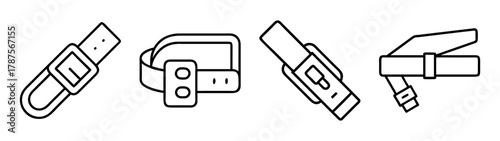 Belts, buckles, straps, and fastening elements outline icons